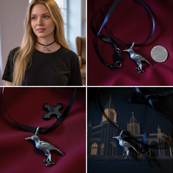 Raven Pendant Satin Ribbon Choker Necklace Enchanting Whimsical Gothic - Picture 16 of 17